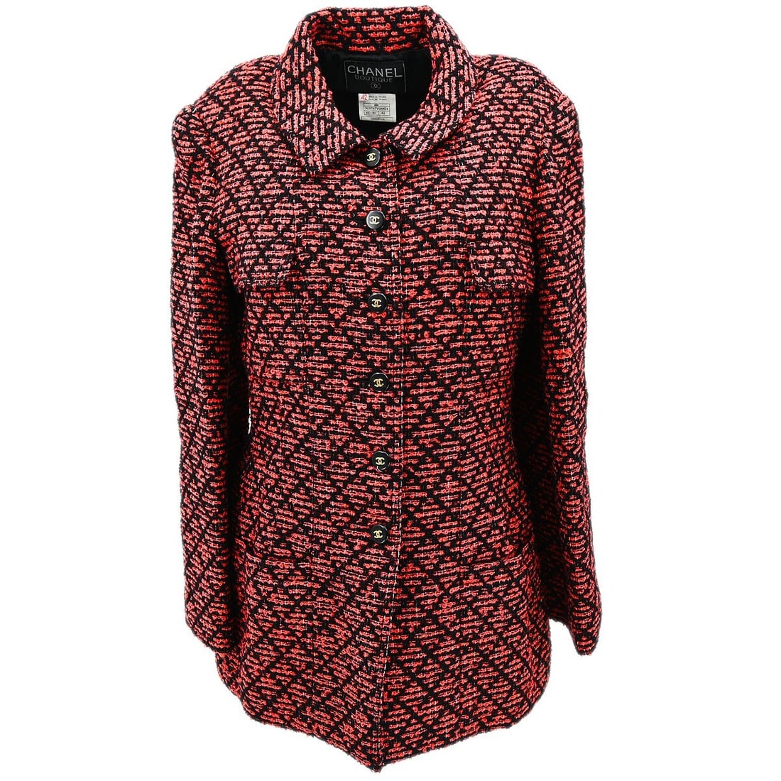 Chanel Vintage Red Black Single-Breasted Jacket 95A Size 42: Chanel Vintage Red Black Single-Breasted Jacket 95A Size 42 This vintage Chanel single-breasted jacket is a stylish addition to your fall and winter wardrobe. Crafted from a high-quality blend of 81%