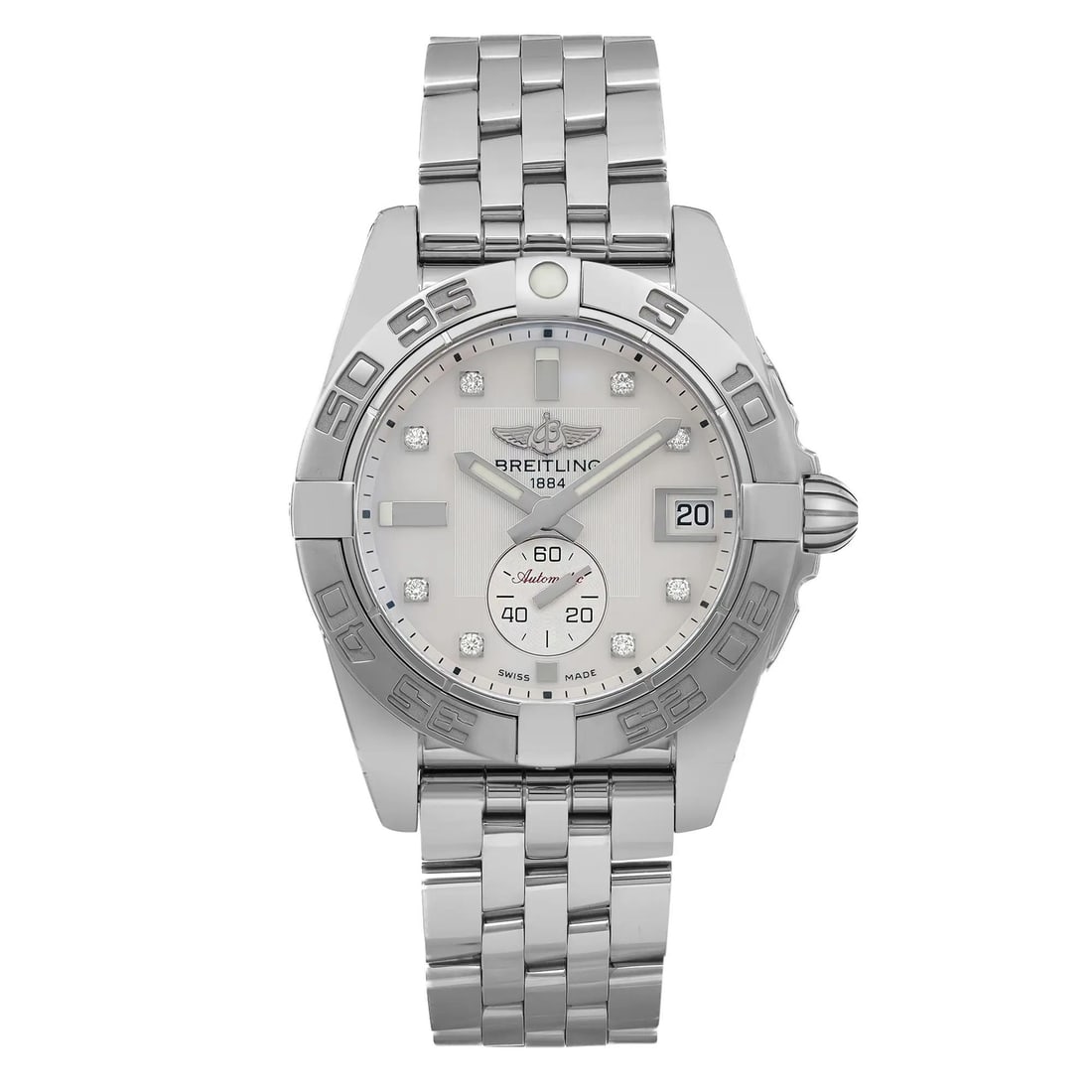 Breitling Galactic 36 Automatic Watch MOP Diamond Dial Gray Bezel: Breitling Galactic 36 Automatic Watch MOP Diamond Dial Gray Bezel Discover the sophistication of the Breitling Galactic 36, a luxurious automatic wristwatch that combines elegance with functionality.