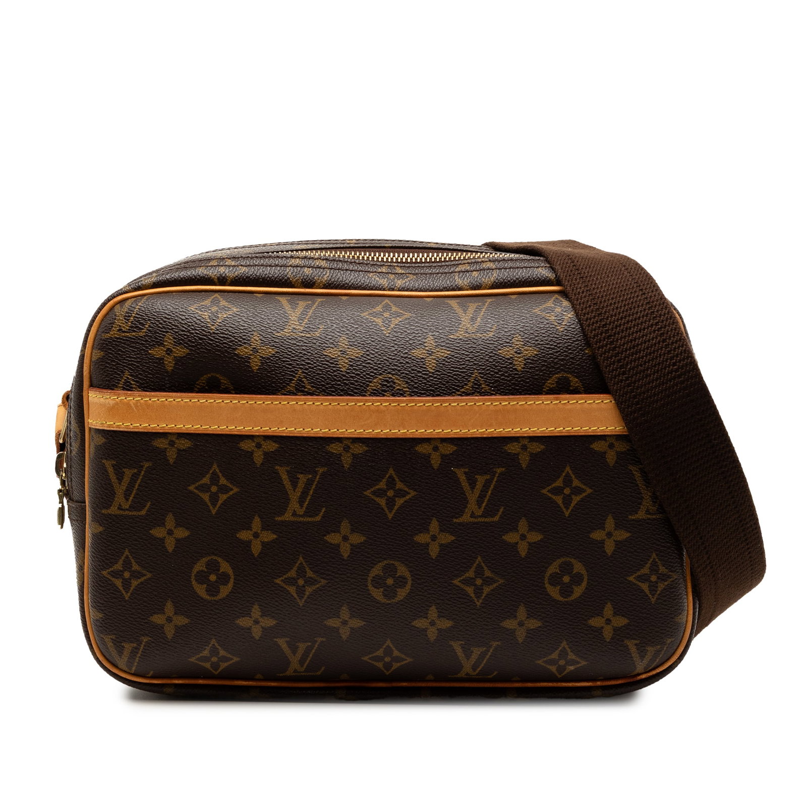 Monogram Canvas Reporter PM Bag by Louis Vuitton with Double Zip Compartments: Monogram Canvas Reporter PM Bag by Louis Vuitton with Double Zip Compartments The Louis Vuitton Monogram Reporter PM features a monogram canvas body with vachetta leather trim, an adjustable flat canv