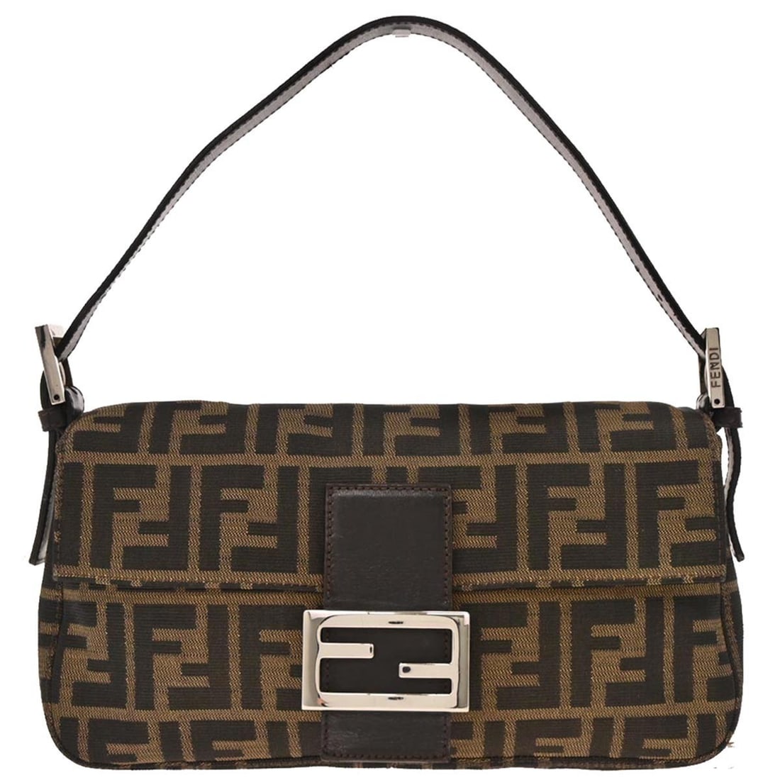 Fendi Brown Canvas Zucca Baguette Handbag with Silver Hardware: Fendi Brown Canvas Zucca Baguette Handbag with Silver Hardware Introducing the Fendi Brown Canvas Zucca Baguette Handbag, a stylish accessory perfect for casual occasions. This medium-sized handbag fe