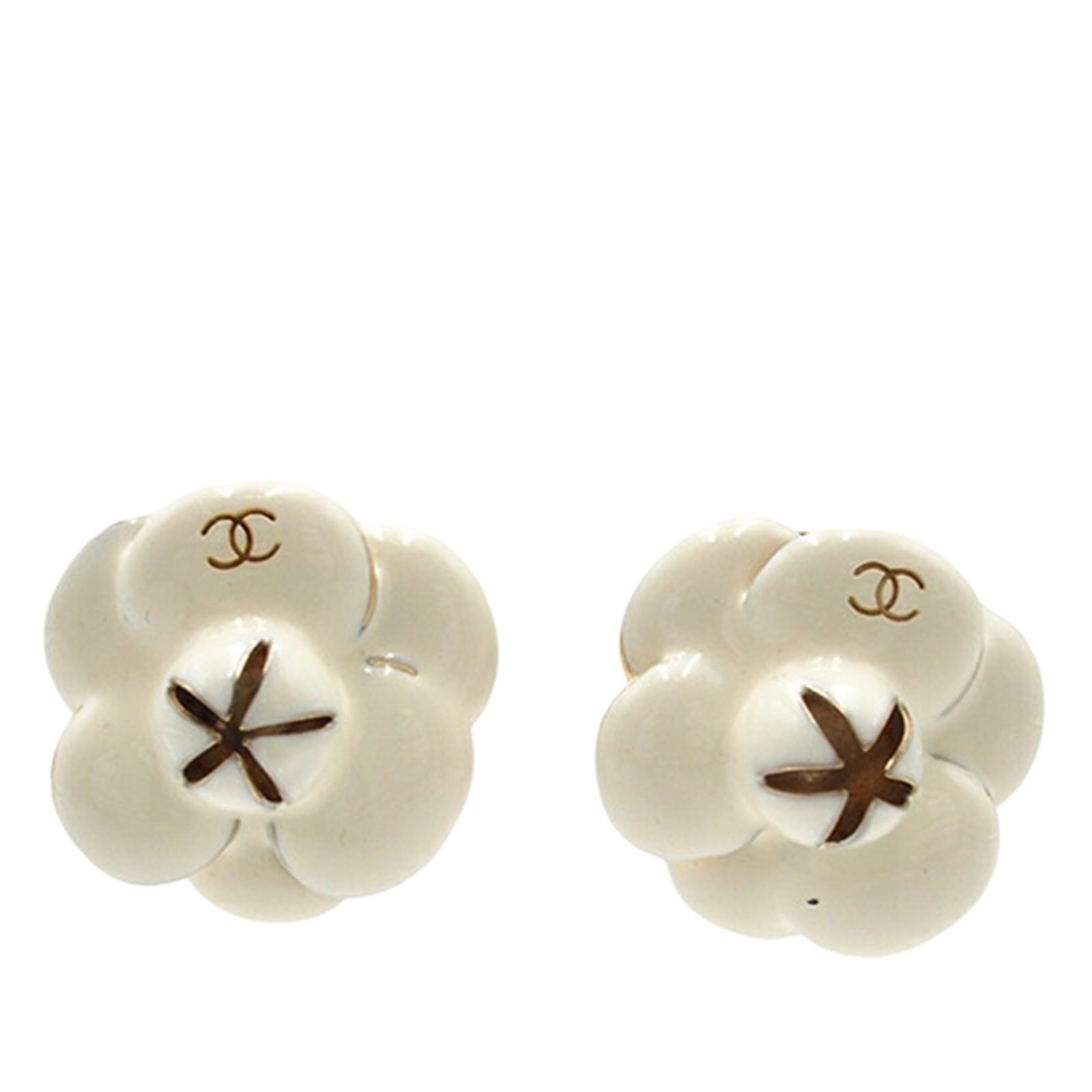 Chanel Camellia Enamel Clip-On Earrings with Gold Tone Hardware (1 of 6)