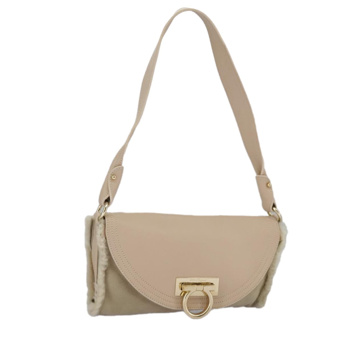 Leather Pink Gancini Shoulder Bag by Salvatore Ferragamo: Leather Pink Gancini Shoulder Bag by Salvatore Ferragamo This Salvatore Ferragamo Gancini shoulder bag for women features pink leather construction with a compact design. It shows signs of wear includ