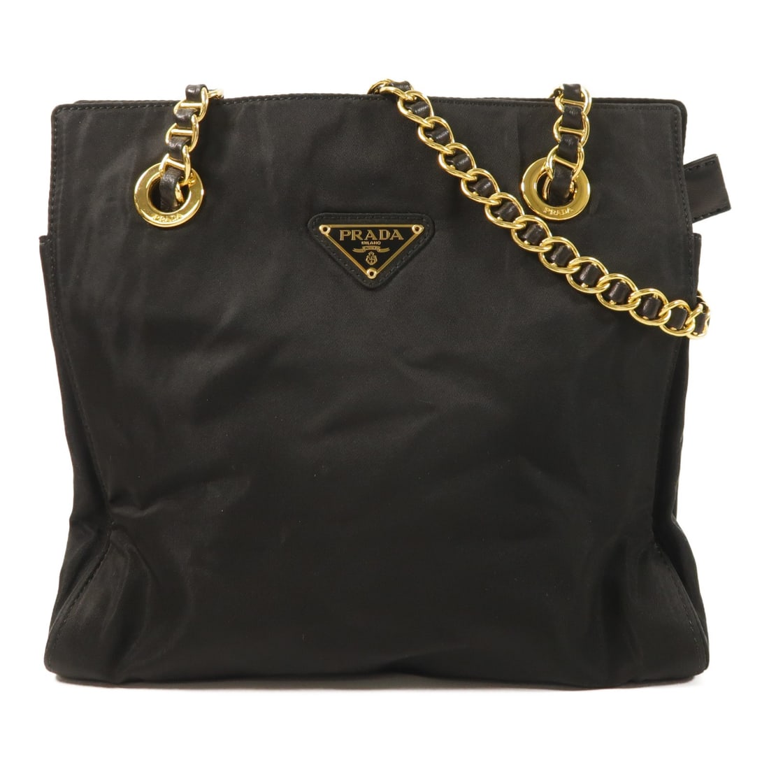 Prada Black Nylon Tote with Gold Chain Shoulder Strap: Prada Black Nylon Tote with Gold Chain Shoulder Strap This Prada tote bag features a black nylon exterior with a chain shoulder strap and gold tone hardware. Designed for women, it offers a practical