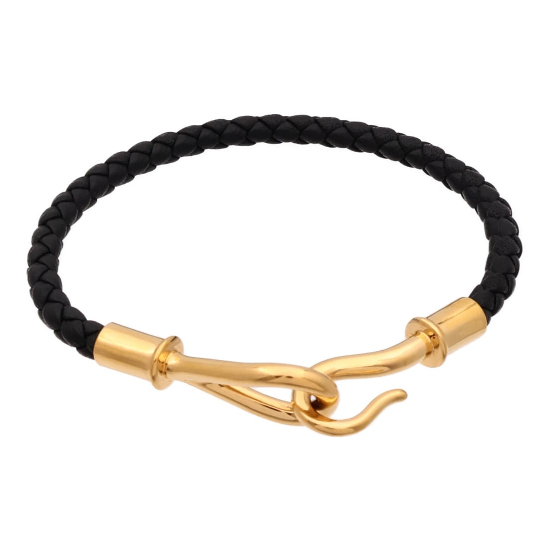 Black Swift Leather Jumbo H Bracelet by Hermes with Gold Hardware: Black Swift Leather Jumbo H Bracelet by Hermes with Gold Hardware This Hermes Jumbo H bracelet is crafted from black calfskin leather with a sleek design. It features a regular size and does not conta
