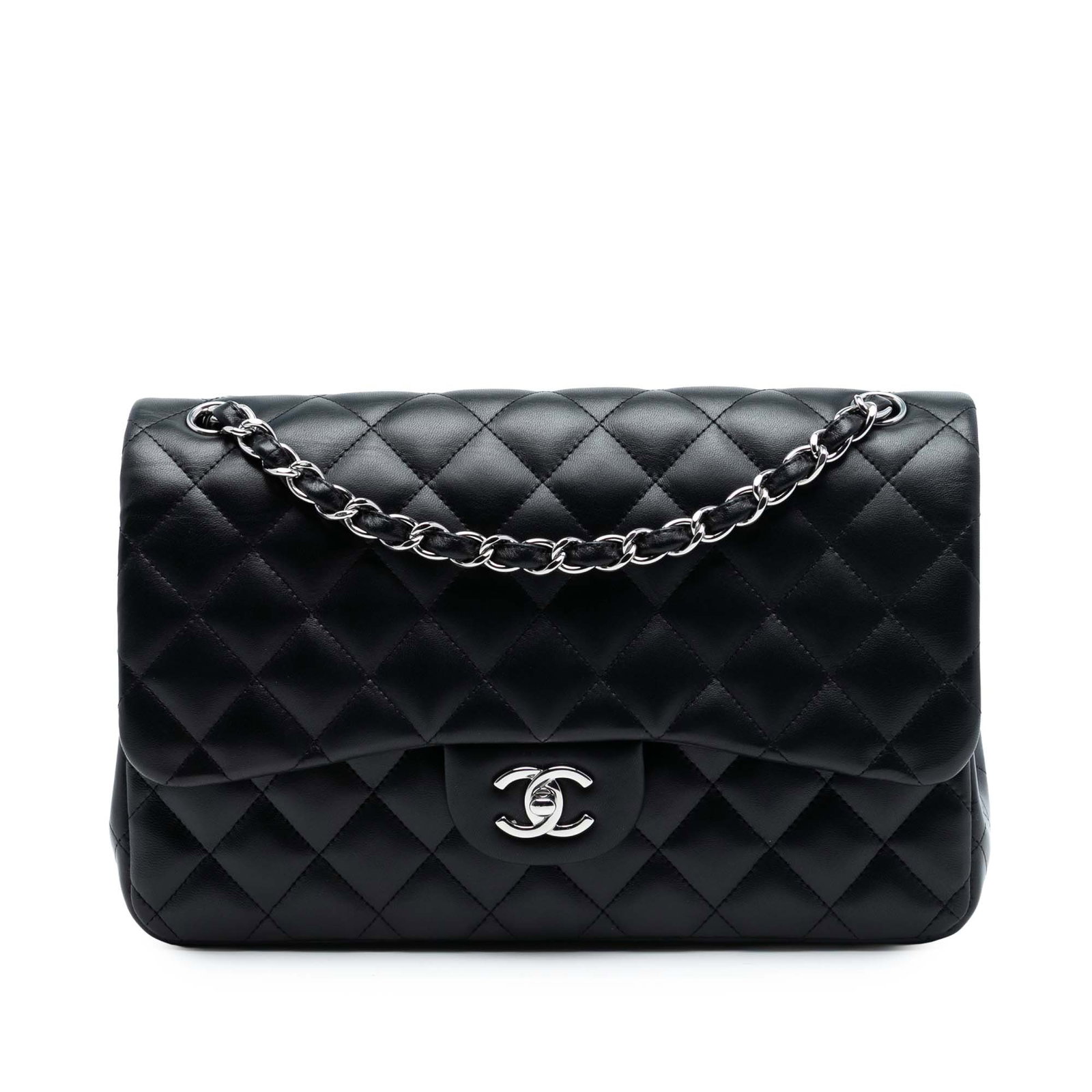 Black Lambskin Shoulder Bag Chanel Jumbo Double Flap Quilted Leather: Black Lambskin Shoulder Bag Chanel Jumbo Double Flap Quilted Leather This Chanel Jumbo Classic Double Flap shoulder bag is crafted from quilted black lambskin leather and features leather-woven chain
