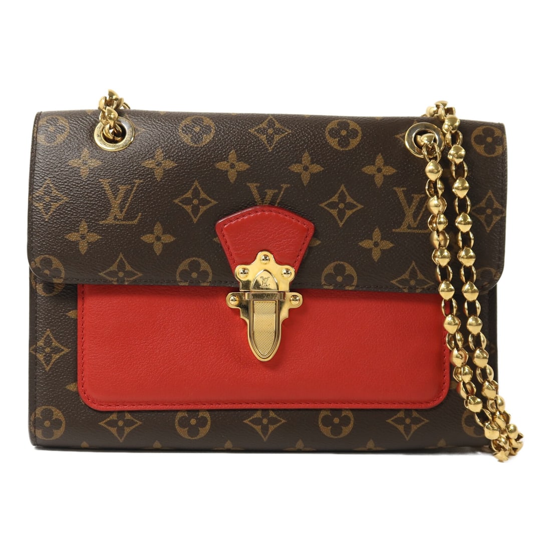 Louis Vuitton Victoire Brown Monogram Shoulder Bag With Gold Hardware: Louis Vuitton Victoire Brown Monogram Shoulder Bag With Gold Hardware This Louis Vuitton Victoire chain shoulder bag features the iconic Monogram brown and red design. Crafted from PVC coated canvas,