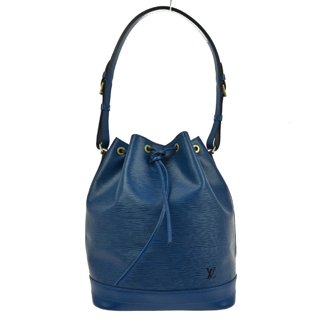 Louis Vuitton Noe Medium Blue Epi Leather Shoulder Bag with Drawstring Closure: Louis Vuitton Noe Medium Blue Epi Leather Shoulder Bag with Drawstring Closure This Louis Vuitton Noe shoulder bag features the brand's signature blue Epi leather exterior and an adjustable shoulder s