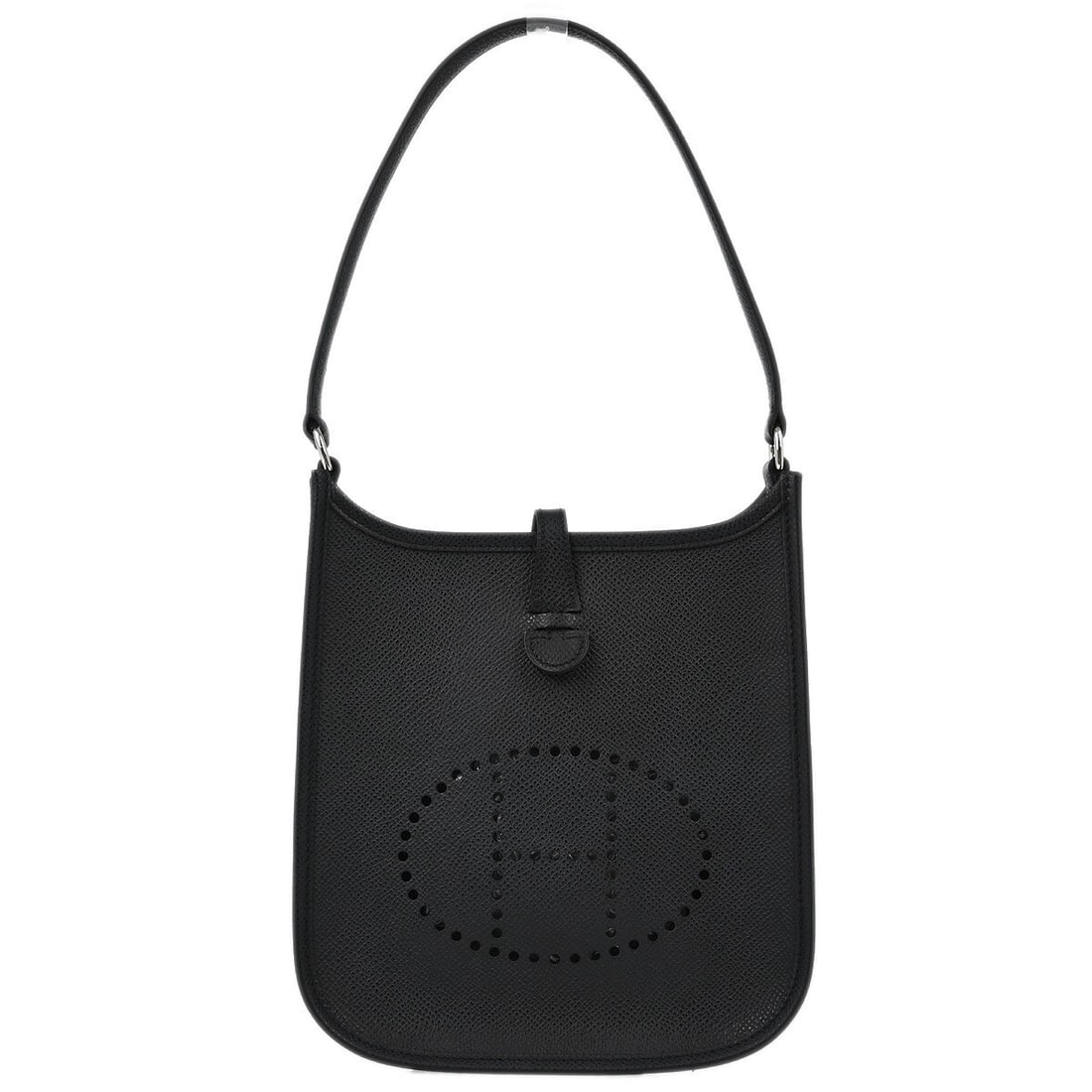 Hermes Evelyne TPM Black Epsom Leather Shoulder Bag Silver Hardware: Hermes Evelyne TPM Black Epsom Leather Shoulder Bag Silver Hardware This Hermes Evelyne TPM shoulder bag features a black Epsom leather exterior with the signature logo accent. The bag has a snap clos