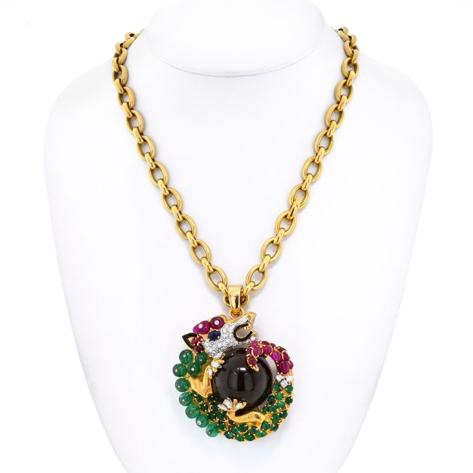 David Webb 18K Yellow Gold Multi-Gem Dragon Pendant Necklace (1 of 6)