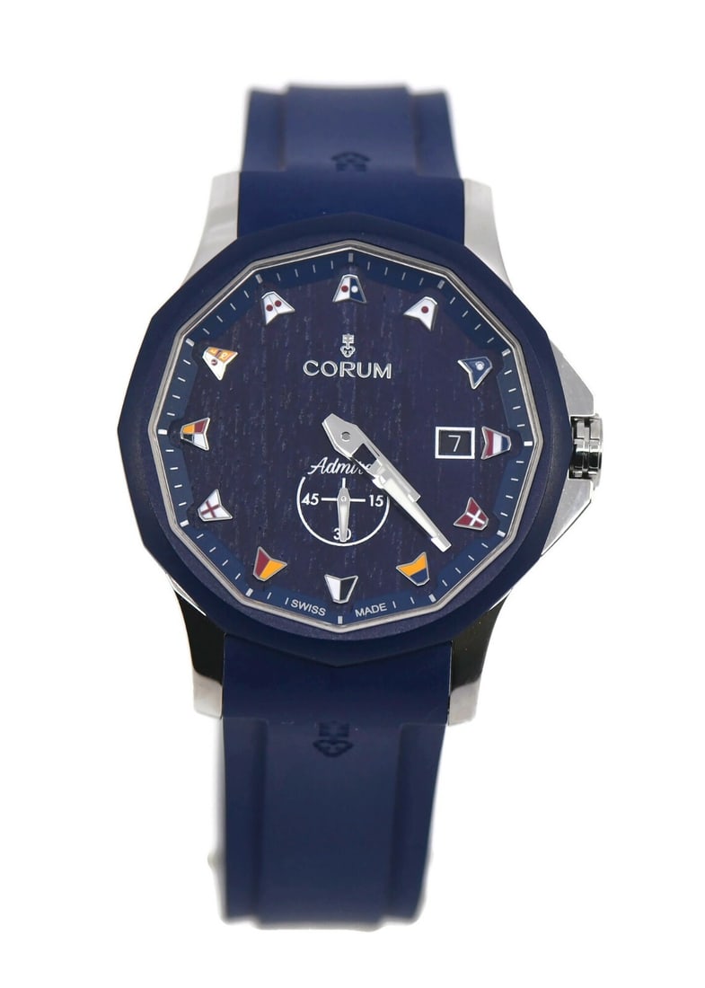 Corum Admiral's Cup Legend A395/03595 42mm Stainless Steel Watch with Box and Papers: Corum Admiral's Cup Legend A395/03595 42mm Stainless Steel Watch with Box and Papers This Corum Admiral's Cup Legend wristwatch features a striking blue dial and a durable blue rubber band. Crafted wi