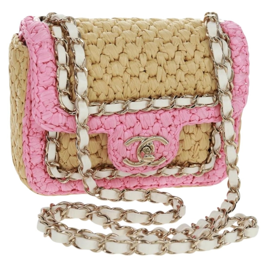 Pink Raffia and Leather Matelasse Shoulder Bag by CHANEL with Silver Chain: Pink Raffia and Leather Matelasse Shoulder Bag by CHANEL with Silver Chain This CHANEL Matelasse shoulder bag features a combination of leather and raffia in pink and silver tones. The bag includes a
