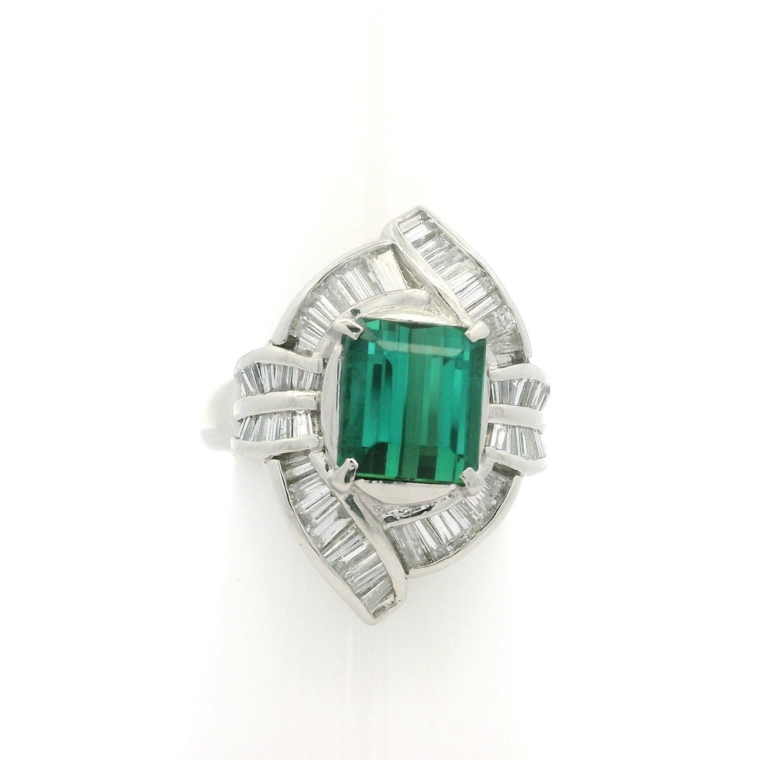 Platinum 3.92ctw Green Tourmaline Baguette Diamond Cocktail Ring: Platinum 3.92ctw Green Tourmaline Baguette Diamond Cocktail Ring This exquisite cocktail ring features a stunning rectangular green tourmaline set in solid platinum. The main stone is a natural genuin