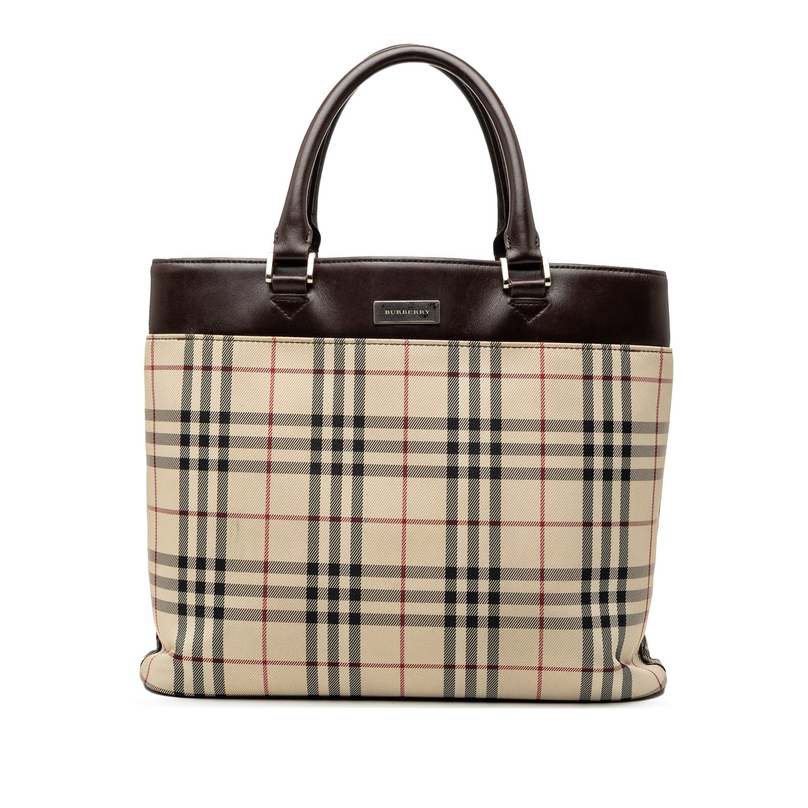 Burberry House Check Canvas Tote Bag with Leather Trim and Open Top: Burberry House Check Canvas Tote Bag with Leather Trim and Open Top This Burberry tote bag features the iconic house check canvas with leather trim and rolled leather handles. It includes an open top