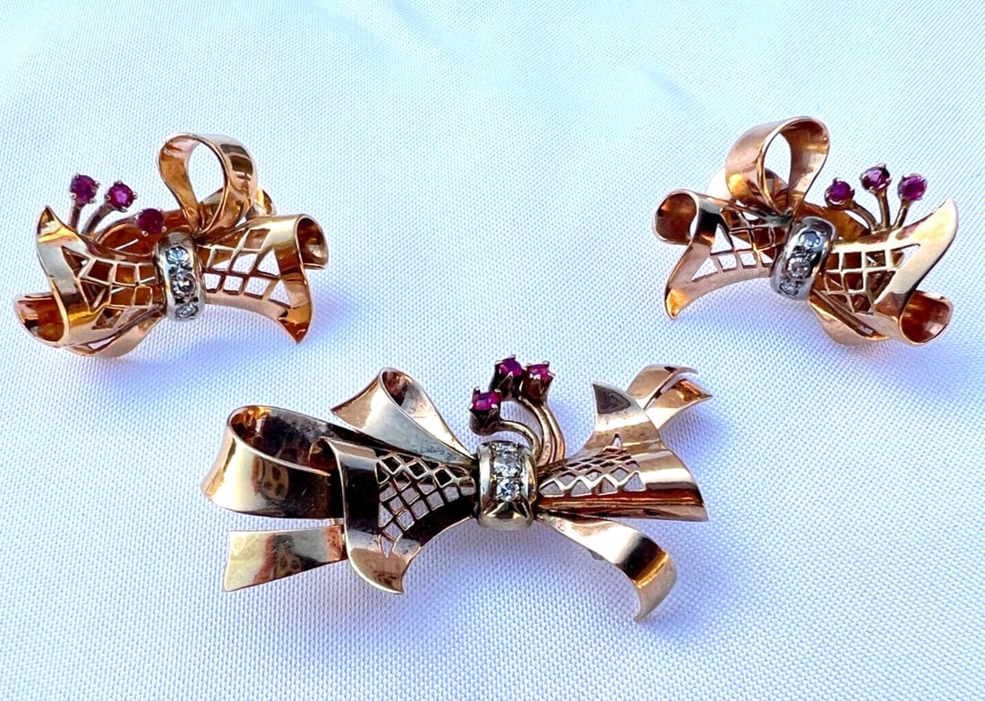 Vintage 18K Rose Gold Ruby Diamond Jewelry Set Earrings Necklace (1 of 11)