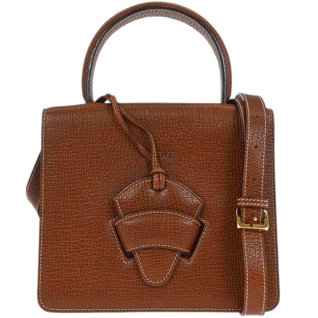 Loewe Barcelona Brown Leather Medium Top Handle Bag with Inner Pockets: Loewe Barcelona Brown Leather Medium Top Handle Bag with Inner Pockets This Loewe Barcelona 2-way handbag features brown leather with a medium-sized top handle design. The bag offers versatile carryin