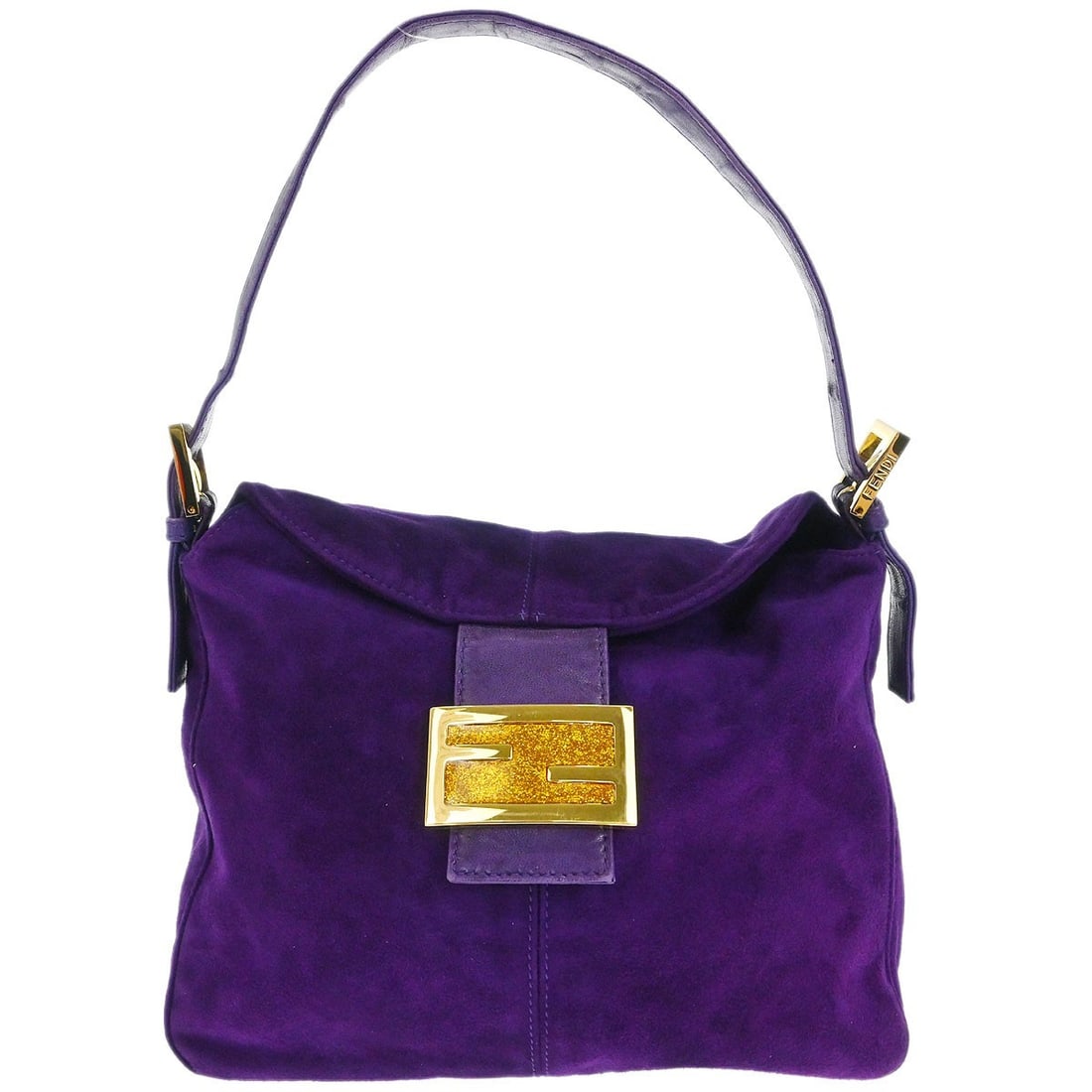 Fendi Mamma Baguette Medium Purple Suede Shoulder Bag with Gold Hardware: Fendi Mamma Baguette Medium Purple Suede Shoulder Bag with Gold Hardware This Fendi Mamma Baguette shoulder bag features a luxurious purple suede exterior with gold-tone hardware and logo accents. Des