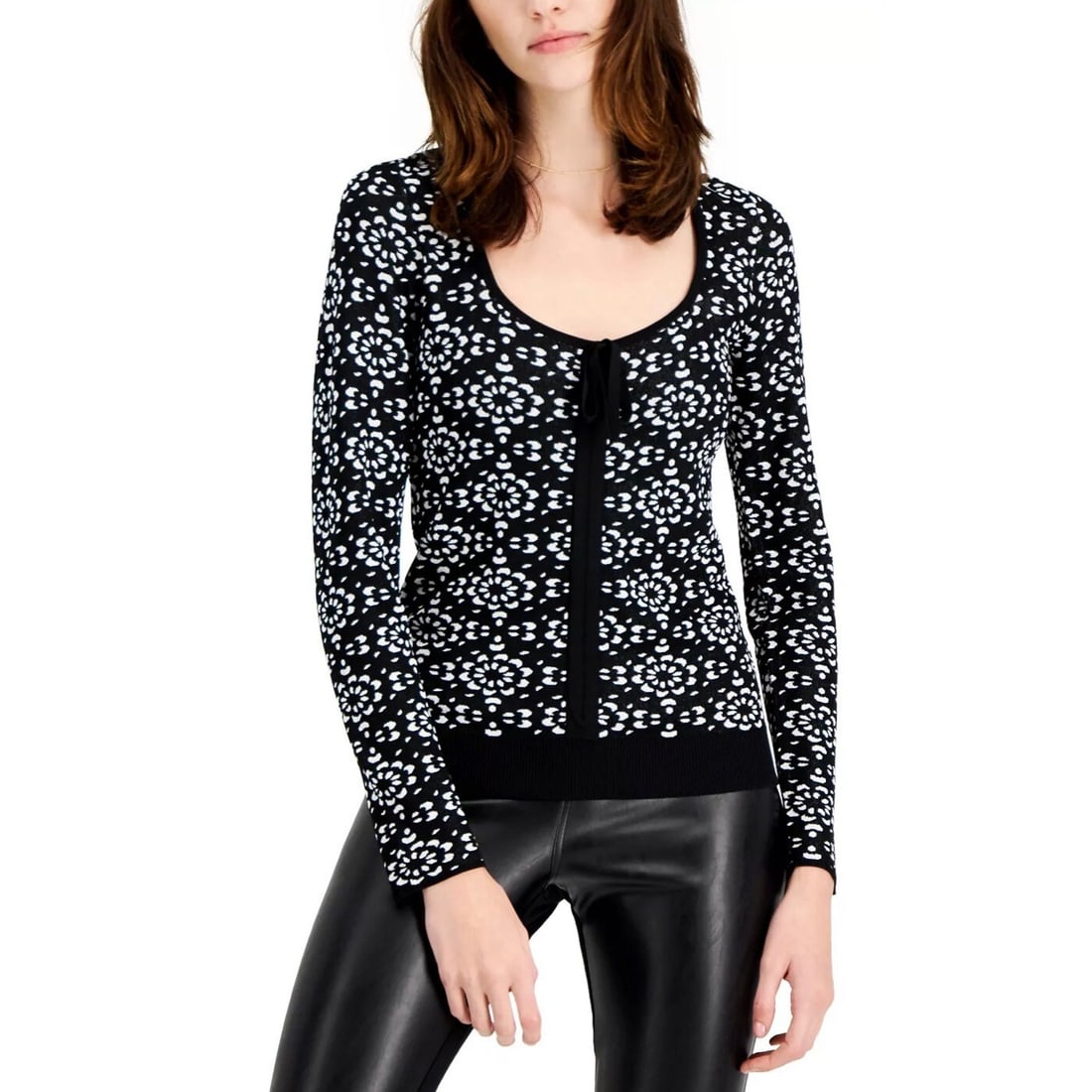 INC International Concepts Black Printed Tie-Detail Pullover Sweater XS (1 of 3)