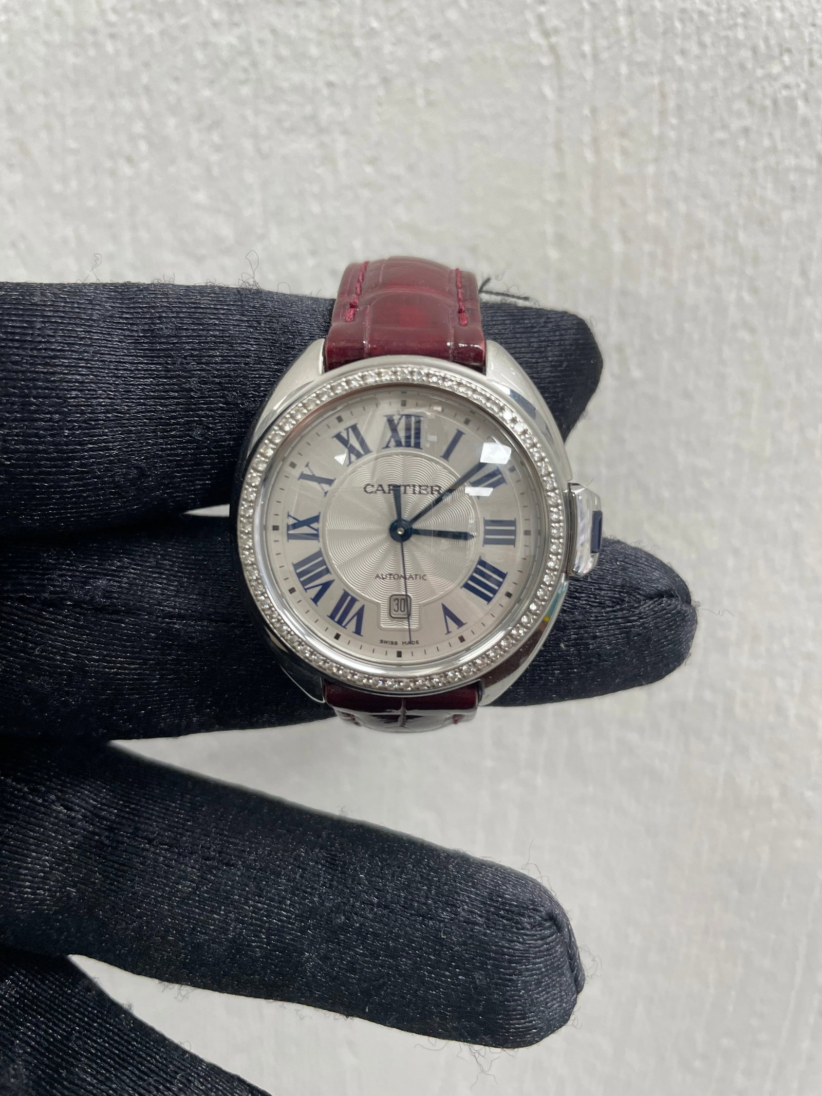 Ladies Cartier Cle Watch Silver Dial Diamond Bezel Leather Strap Ref 3867 (1 of 3)