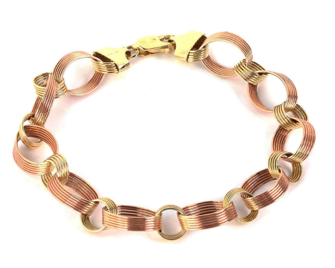 14k Yellow and Pink Gold Grooved Link Bracelet 7.5 Inch (1 of 5)