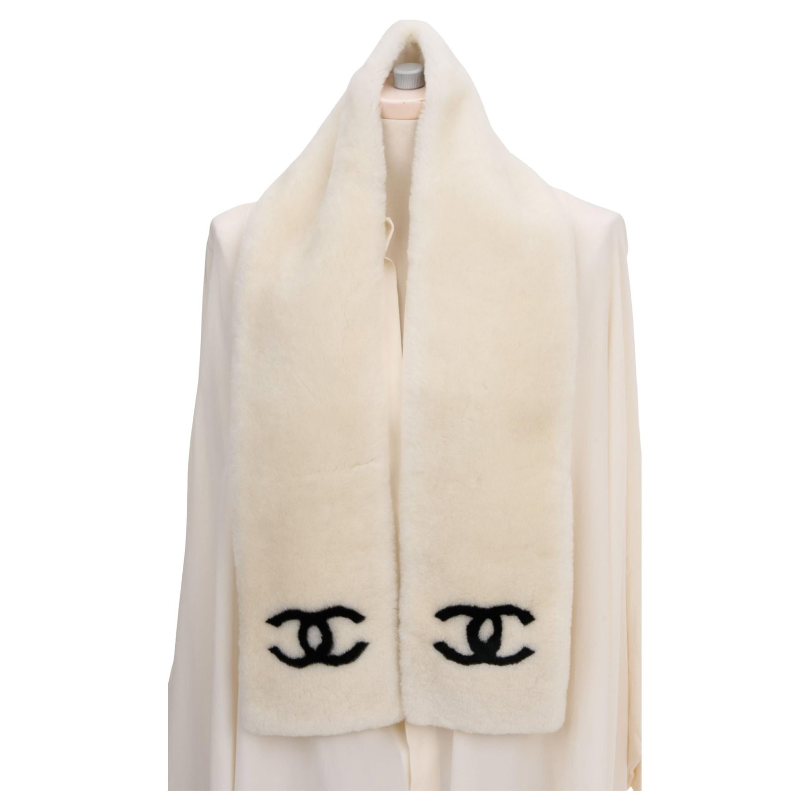 Chanel Off White Sheepskin Scarf with Black CC Logo (1 of 5)