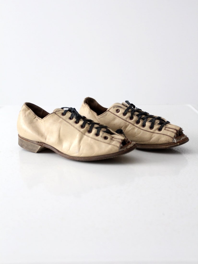 1950s Vintage Hyde Women's Bowling Shoes Cut Open Toes Tan Leather (1 of 7)