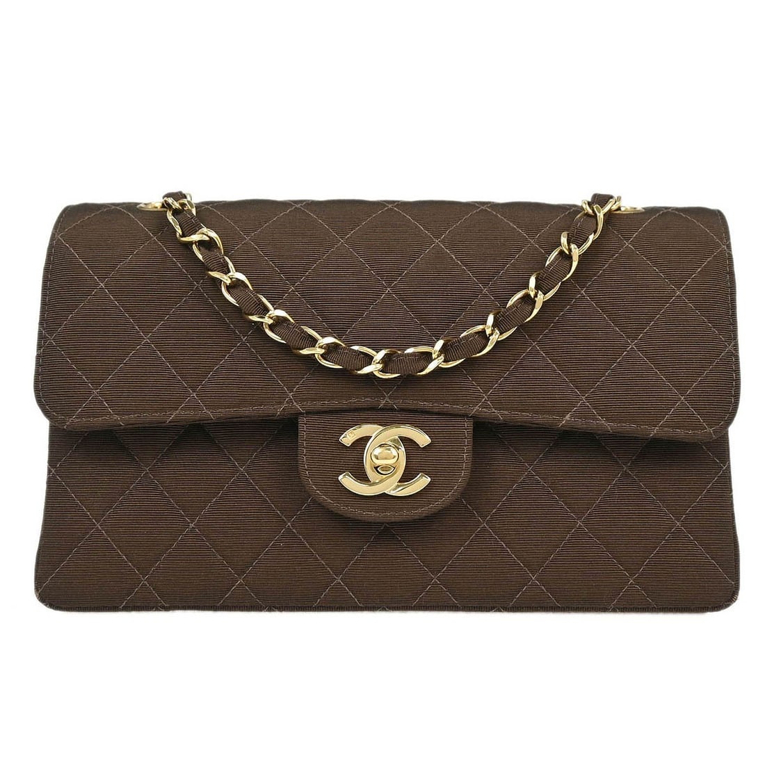 Small Classic Double Flap Brown Canvas Shoulder Bag with Chain Strap (1 of 10)