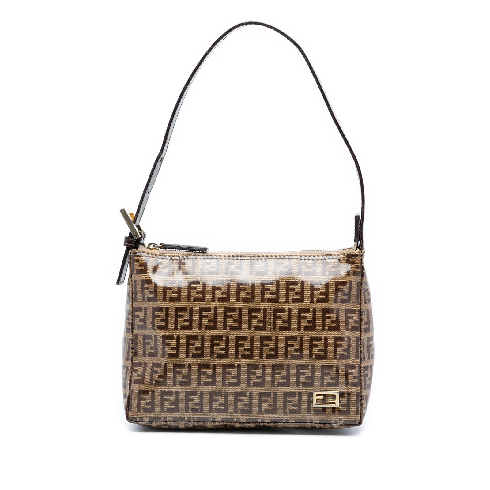 Fendi Zucchino Crystal Brown Coated Canvas Shoulder Bag: Fendi Zucchino Crystal Brown Coated Canvas Shoulder Bag This Fendi Zucchino Crystal Handbag features a coated canvas body in brown, a flat leather handle, and a top zip closure. The bag shows signs of