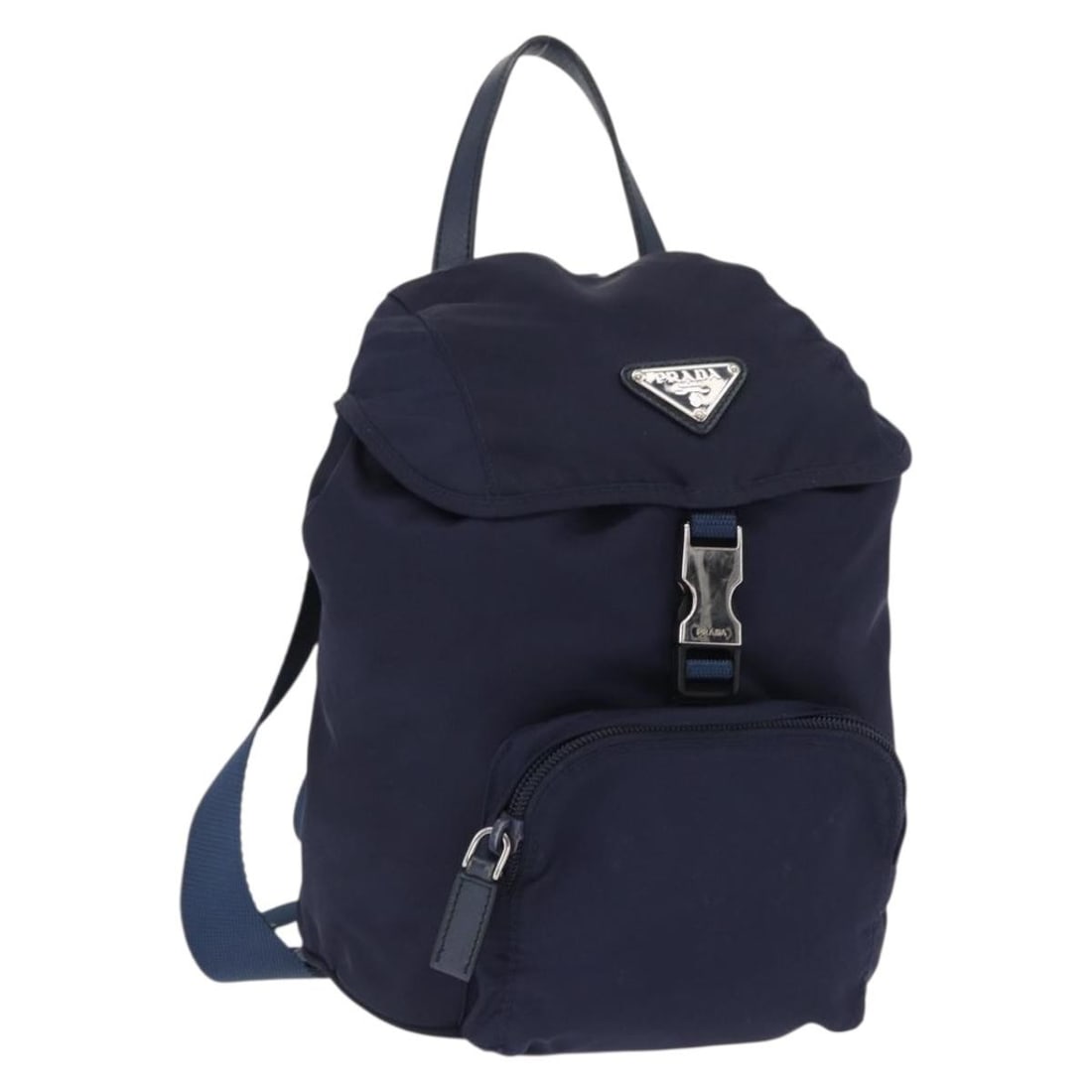 Navy Nylon Prada Backpack with Dust Bag and Silver Accents: Navy Nylon Prada Backpack with Dust Bag and Silver Accents This PRADA backpack features a navy nylon exterior with silver-tone details, offering a stylish and functional design. The bag includes an ad