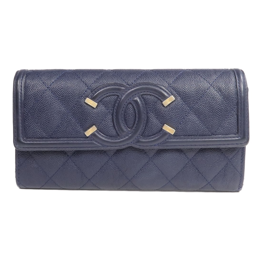 Chanel Navy Calfskin Bifold Wallet with CC Logo and Gold Hardware: Chanel Navy Calfskin Bifold Wallet with CC Logo and Gold Hardware This CHANEL long bifold wallet is crafted from navy calfskin leather and features the iconic CC logo with gold tone hardware. Designed