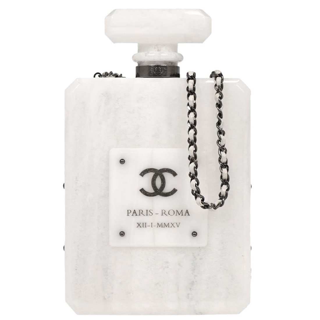Chanel White Acrylic Shoulder Bag with Leather Strap: Chanel White Acrylic Shoulder Bag with Leather Strap This Chanel shoulder bag is a stylish and contemporary accessory crafted from high-quality acrylic and plastic materials. The bag features a striki