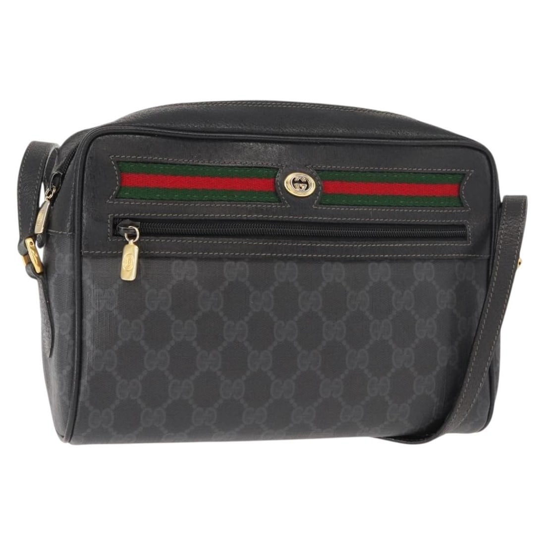 GUCCI GG Supreme Black Gold Shoulder Bag PVC 119 02 088 Auth: GUCCI GG Supreme Black Gold Shoulder Bag PVC 119 02 088 Auth The GUCCI GG Supreme Web Sherry Line Bag is a stylish shoulder bag crafted in Italy from durable PVC leather. It features a striking black