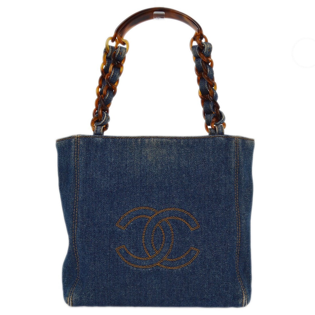 Chanel Denim Tote with Resin Chain Vintage Blue Italy: Chanel Denim Tote with Resin Chain Vintage Blue Italy This Chanel Vintage Resin Chain Tote features a blue denim exterior with a resin chain handle, designed for women. The tote shows signs of discolo