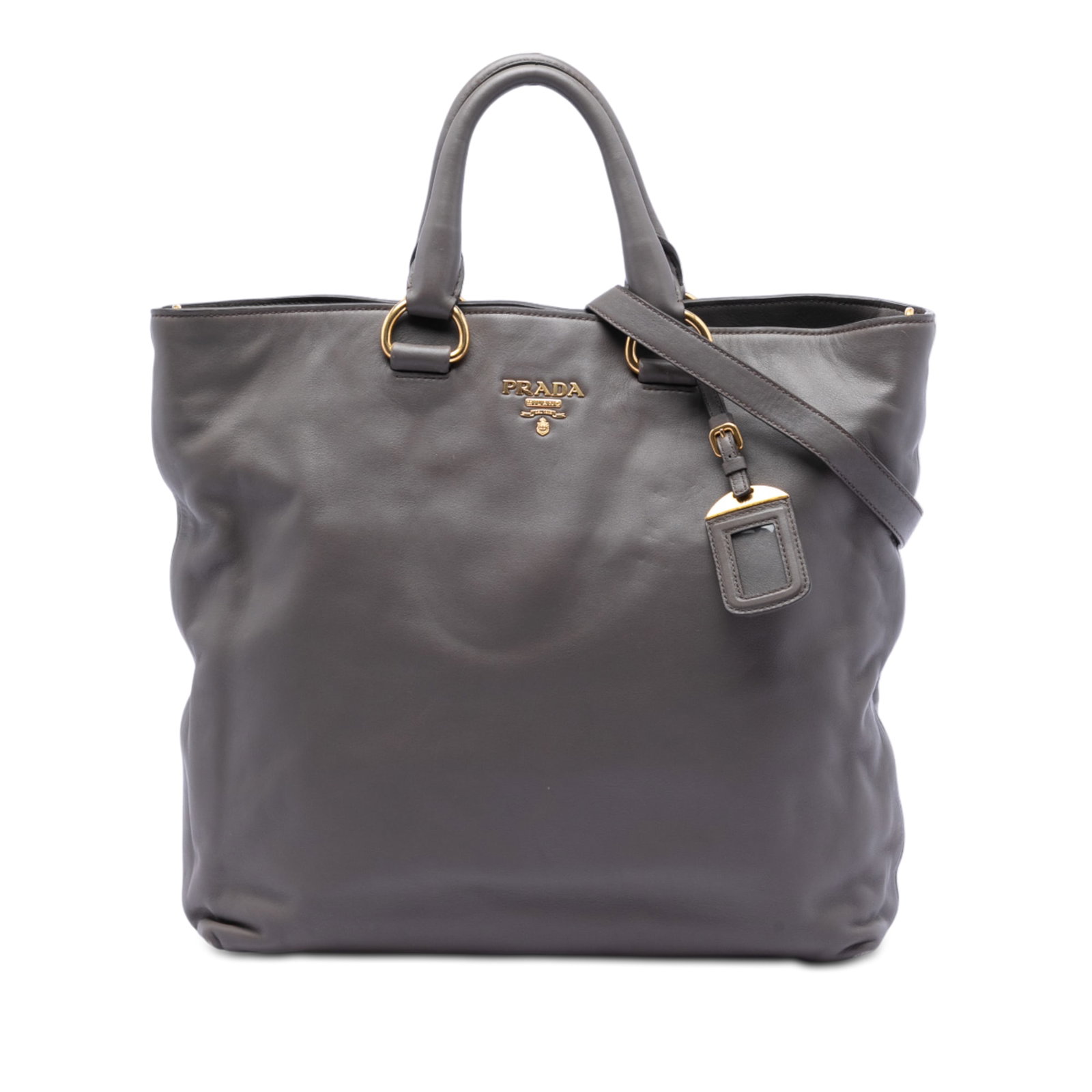 Prada Soft Calf Leather Convertible Tote Bag Gray: Prada Soft Calf Leather Convertible Tote Bag Gray This Prada Soft Calf Open Convertible Tote is crafted from gray leather and features rolled leather top handles, a detachable and adjustable flat leat