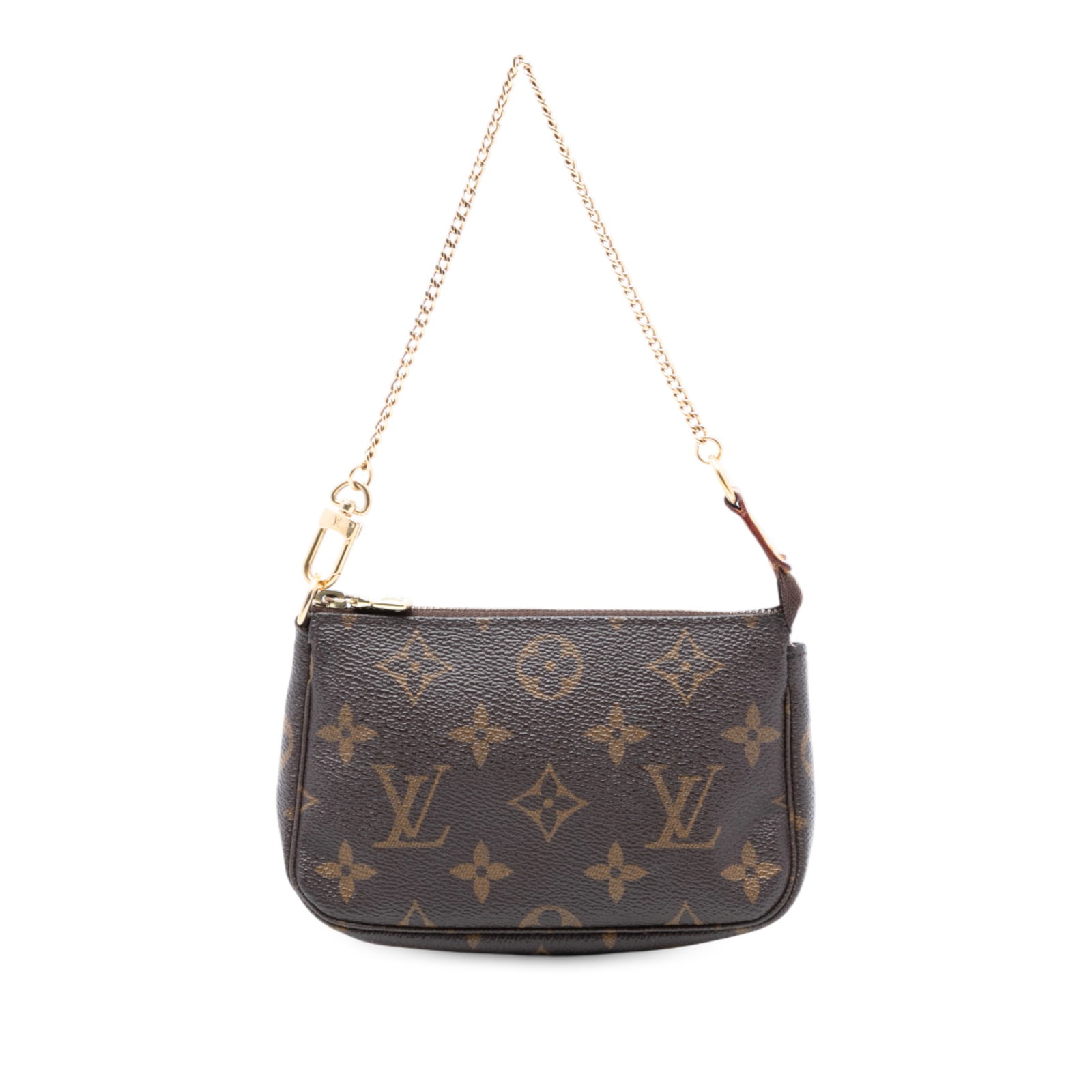 Louis Vuitton brown monogram mini pouch with gold tone chain strap (1 of 7)