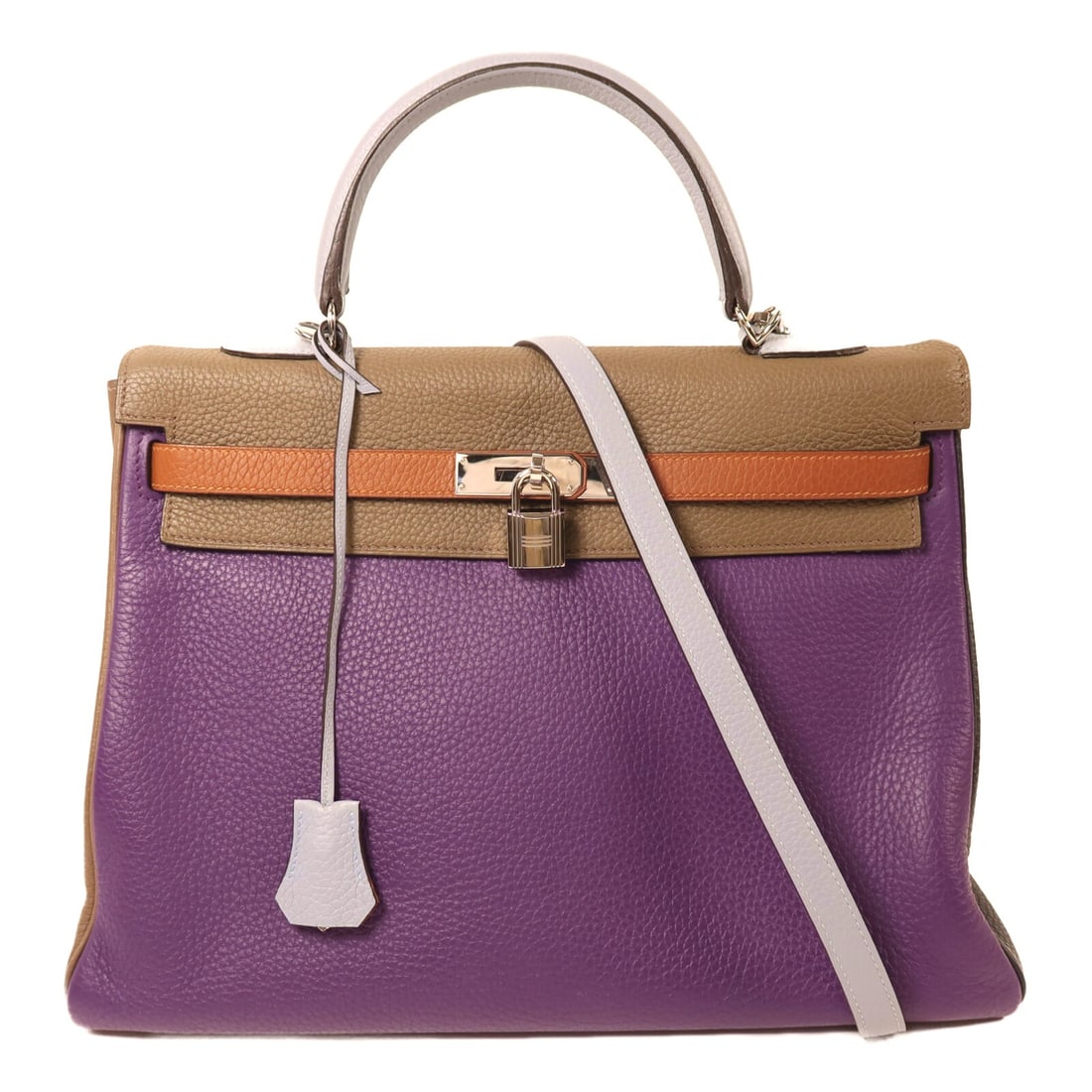 Hermes Kelly 32 Ultraviolet Togo Leather Shoulder Bag with Palladium Hardware: Hermes Kelly 32 Ultraviolet Togo Leather Shoulder Bag with Palladium Hardware This Hermes Kelly 32 is a versatile 2-way shoulder bag crafted from Togo leather in a striking combination of ultraviolet