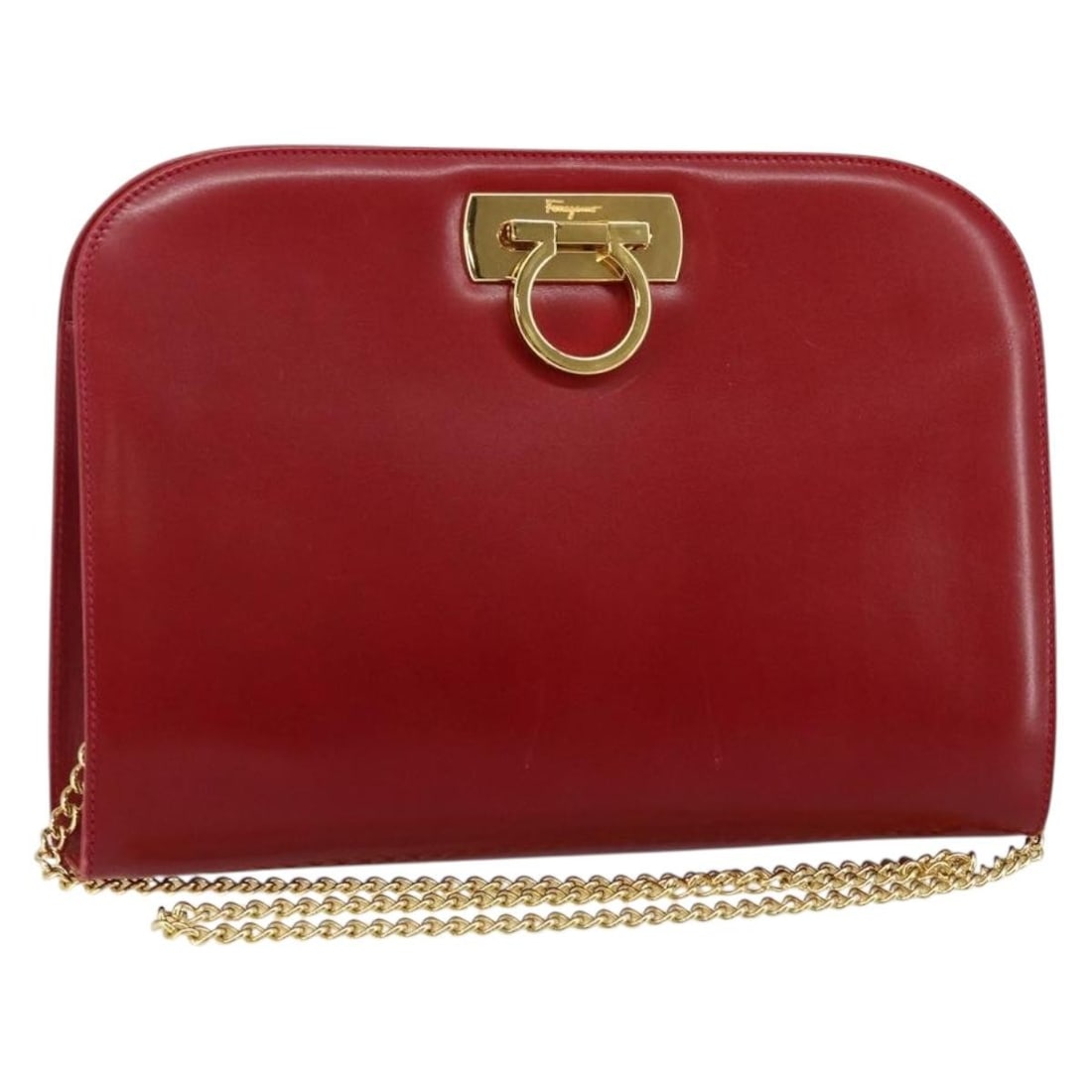 Salvatore Ferragamo Gancini Chain Shoulder Bag Leather Red Gold Authentic (1 of 18)