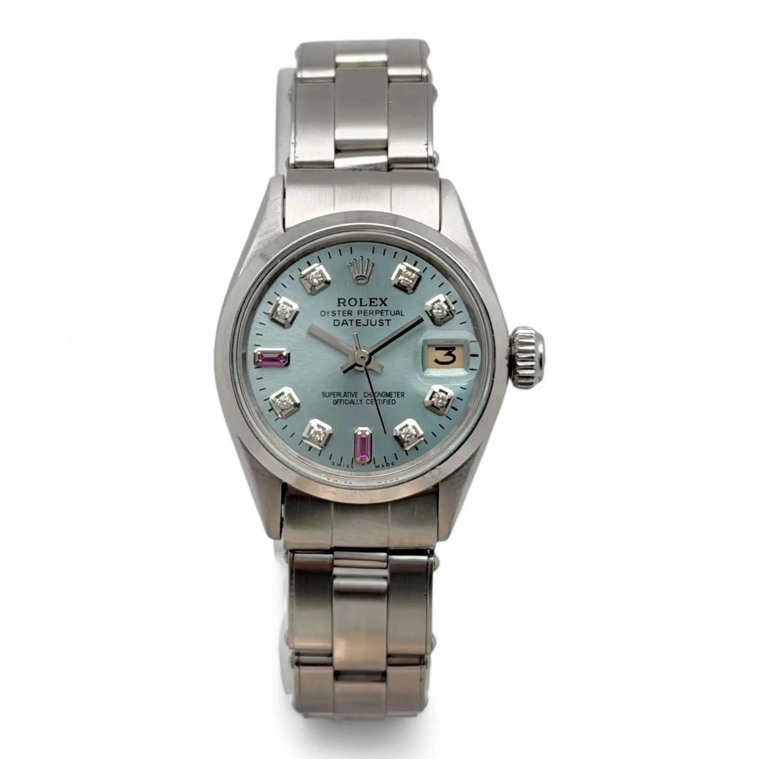 Rolex Oyster Perpetual Lady Date 6517 Steel Watch With Custom Blue Diamond Ruby Dial (1 of 6)