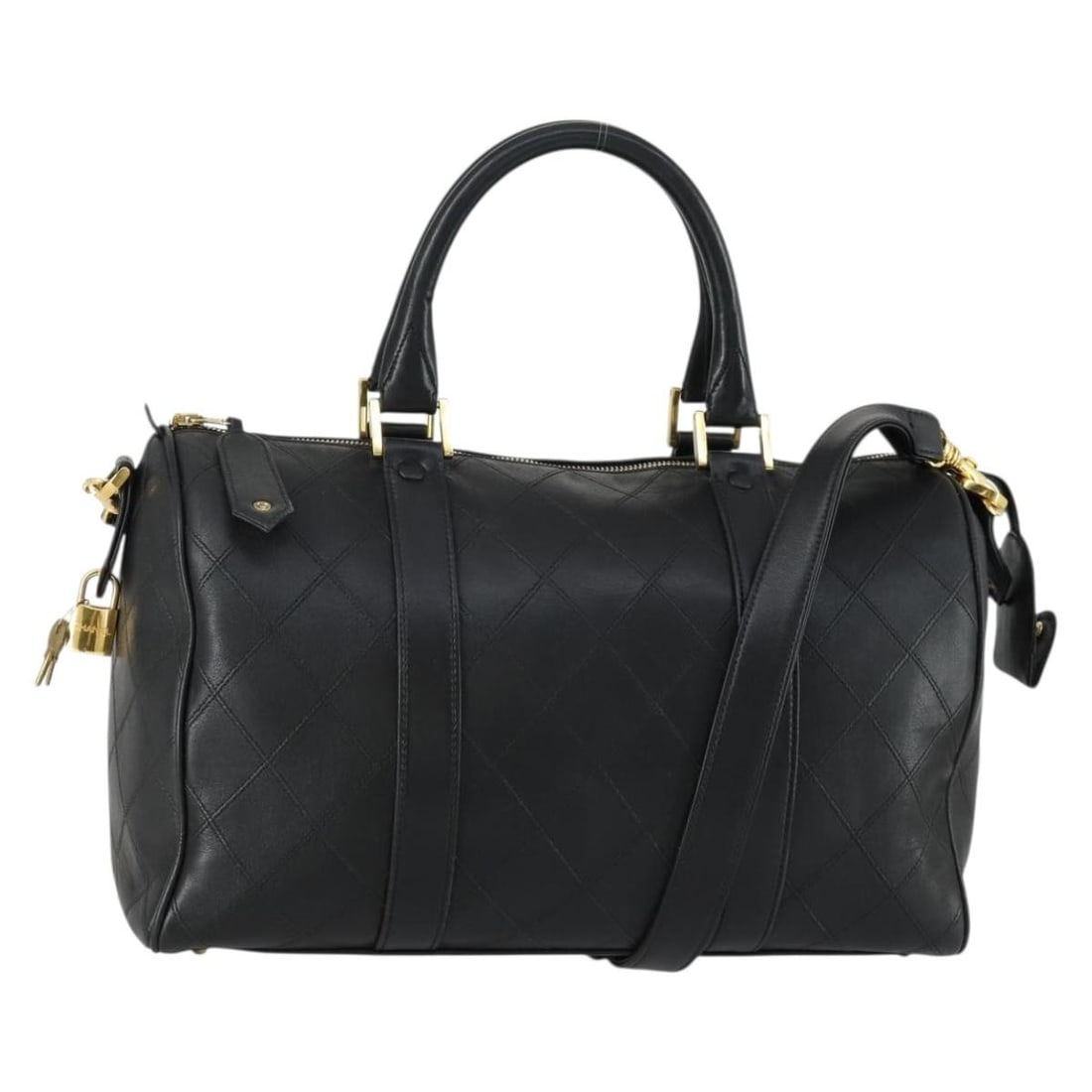 Quilted Lambskin Chanel Diamond Stitch Boston Bag Black Leather: Quilted Lambskin Chanel Diamond Stitch Boston Bag Black Leather This Chanel Vintage Diamond Stitch Boston Bag features a quilted lambskin leather exterior in black with diamond stitching. Designed for