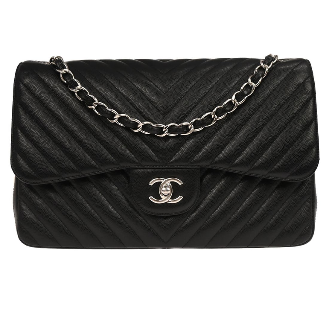 Chanel Jumbo Classic Double Flap Black Chevron Caviar Leather Shoulder Bag: Chanel Jumbo Classic Double Flap Black Chevron Caviar Leather Shoulder Bag This Chanel Classic Double Flap shoulder bag features black caviar calfskin leather with a chevron matelasse pattern. The med