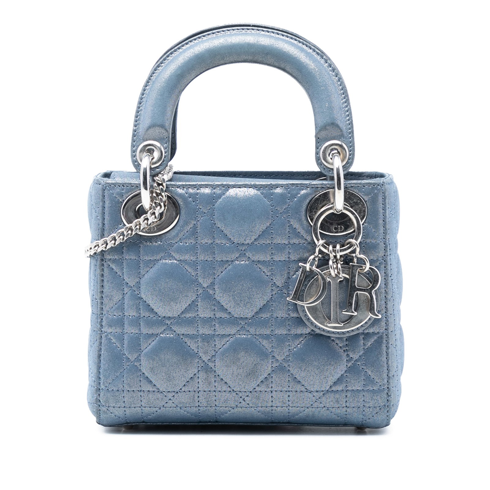 Dior Lady Dior Mini Blue Iridescent Lambskin Cannage Bag with Chain Strap (1 of 8)