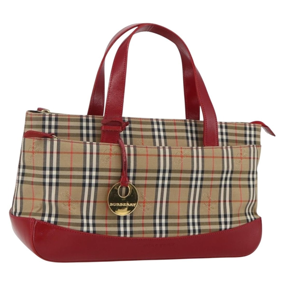 Beige Gold Canvas Nova Check Handbag by Burberry: Beige Gold Canvas Nova Check Handbag by Burberry This Burberry Nova Check hand bag features a classic beige and gold canvas exterior with the iconic Nova Check pattern. The bag offers a structured sil