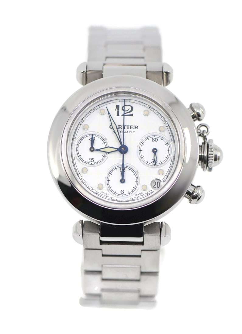 Cartier Pasha Chronograph Stainless Steel Watch Ref 2412 with Box: Cartier Pasha Chronograph Stainless Steel Watch Ref 2412 with Box This exquisite Cartier Pasha Chronograph wristwatch is a testament to fine craftsmanship and timeless elegance. Featuring a classic wh