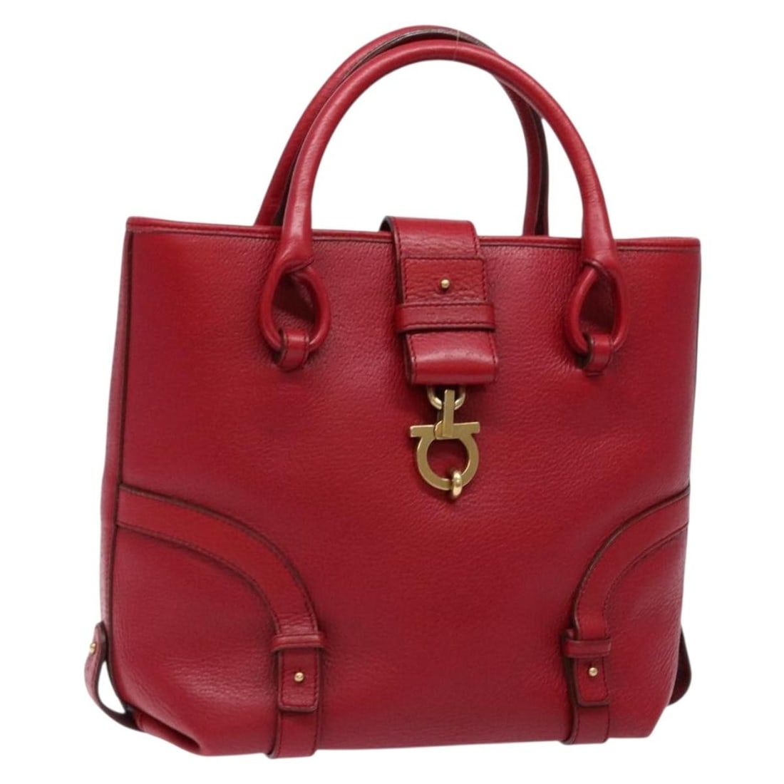 Salvatore Ferragamo Gancini Red Leather Hand Bag Gold Accents Auth 135928 (1 of 18)