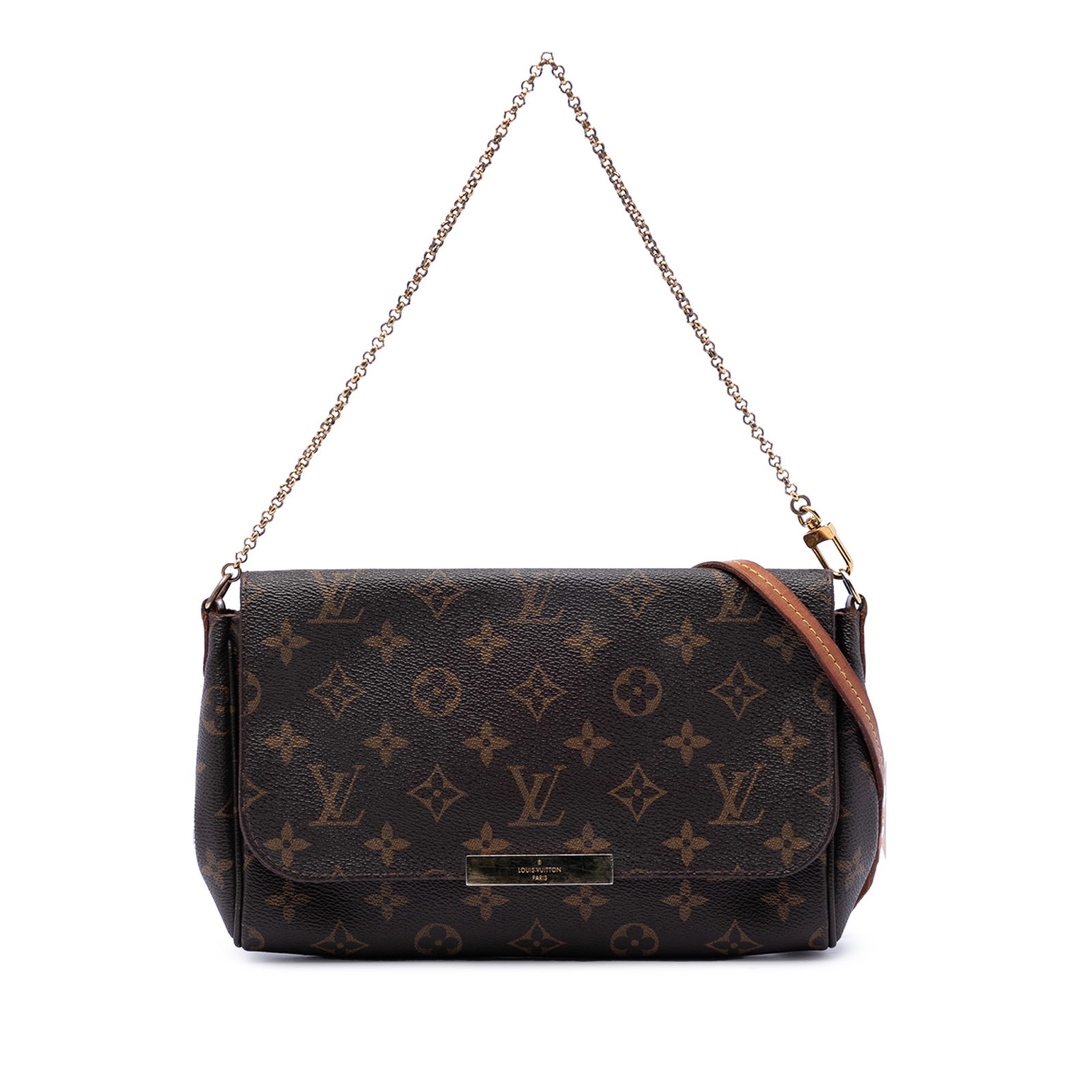 Louis Vuitton Favorite MM Shoulder Bag Monogram Canvas with Gold Tone Chain: Louis Vuitton Favorite MM Shoulder Bag Monogram Canvas with Gold Tone Chain This Louis Vuitton Monogram Favorite MM features the iconic monogram canvas body, complemented by a gold-tone chain strap an