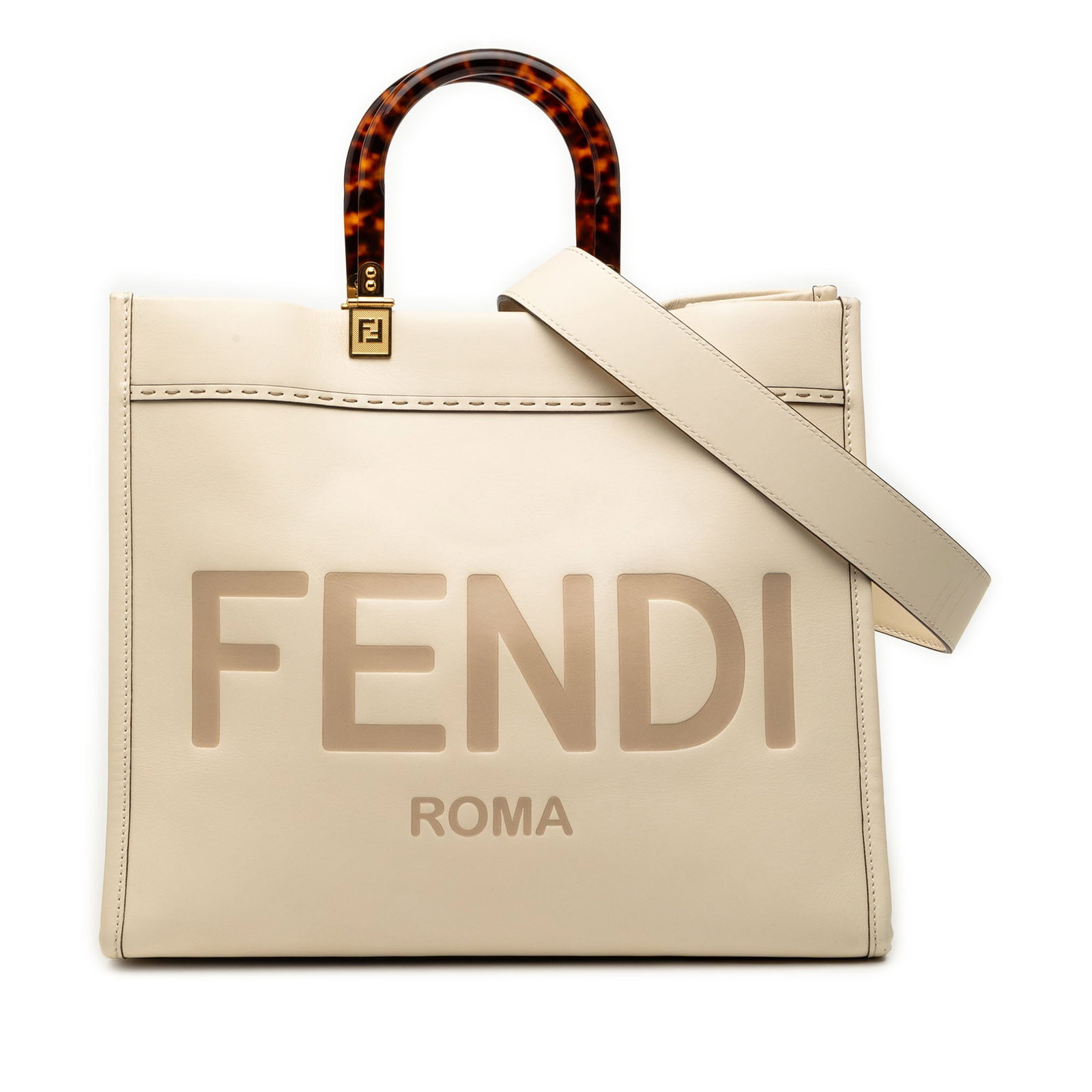 Fendi Sunshine Shopper Medium Brown Leather Tote with Acrylic Handles: Fendi Sunshine Shopper Medium Brown Leather Tote with Acrylic Handles This Fendi Medium Leather Sunshine Shopper Tote features a brown leather body with flat acrylic top handles and a detachable flat