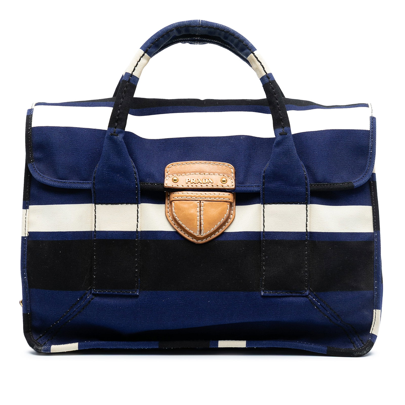 Prada Canapa Pattina Blue Canvas Satchel with Top Flap Closure: Prada Canapa Pattina Blue Canvas Satchel with Top Flap Closure This Prada Canvas Canapa Pattina Satchel features a blue fabric exterior with rolled handles and a top flap secured by a push lock closur