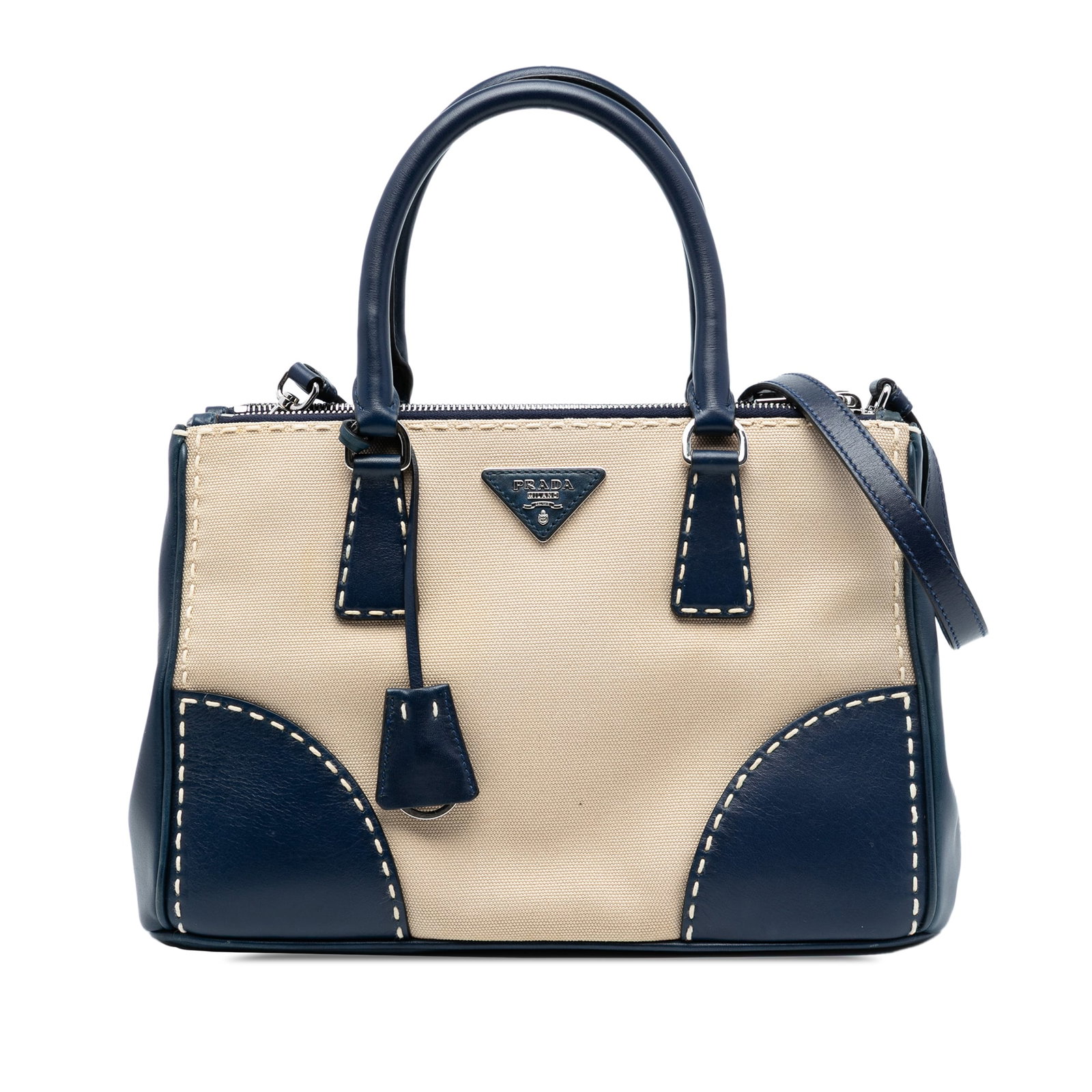 Prada Galleria Small Canvas and Leather Double Zip Satchel with Hand Stitched Details: Prada Galleria Small Canvas and Leather Double Zip Satchel with Hand Stitched Details This Prada Small Canvas and City Calf Hand Stitched Galleria Double Zip Satchel features a canvas and leather body
