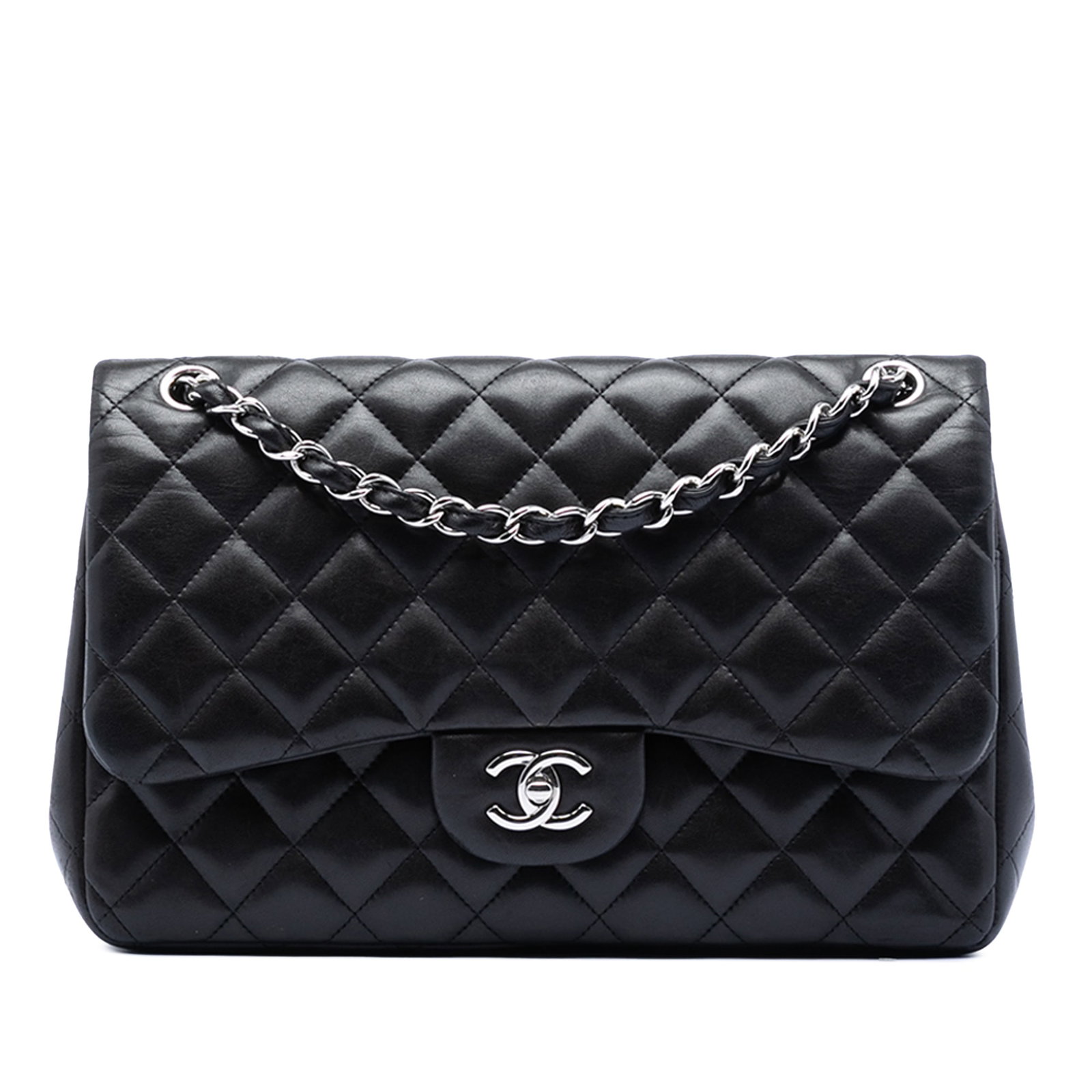 Chanel Black Lambskin Jumbo Double Flap Shoulder Bag with CC Turnlock: Chanel Black Lambskin Jumbo Double Flap Shoulder Bag with CC Turnlock This Chanel Jumbo Classic Double Flap shoulder bag is crafted from black quilted lambskin leather and features leather-woven chain