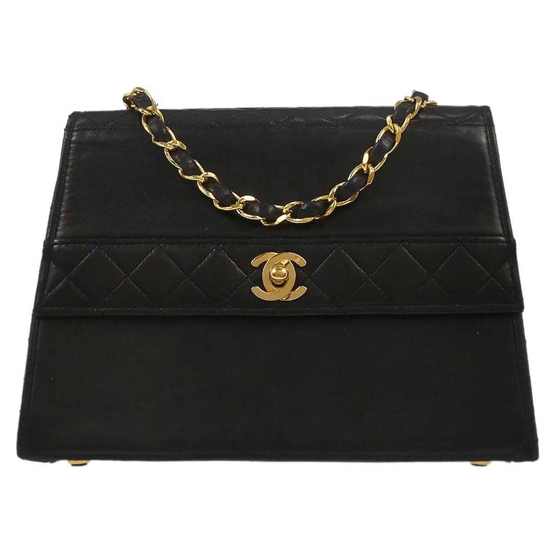 Black Lambskin Matelasse Single Chain Shoulder Bag by Chanel: Black Lambskin Matelasse Single Chain Shoulder Bag by Chanel This Chanel Black Lambskin Straight Flap Shoulder Bag features a quilted matelasse pattern and a turn lock closure. Designed in a small siz
