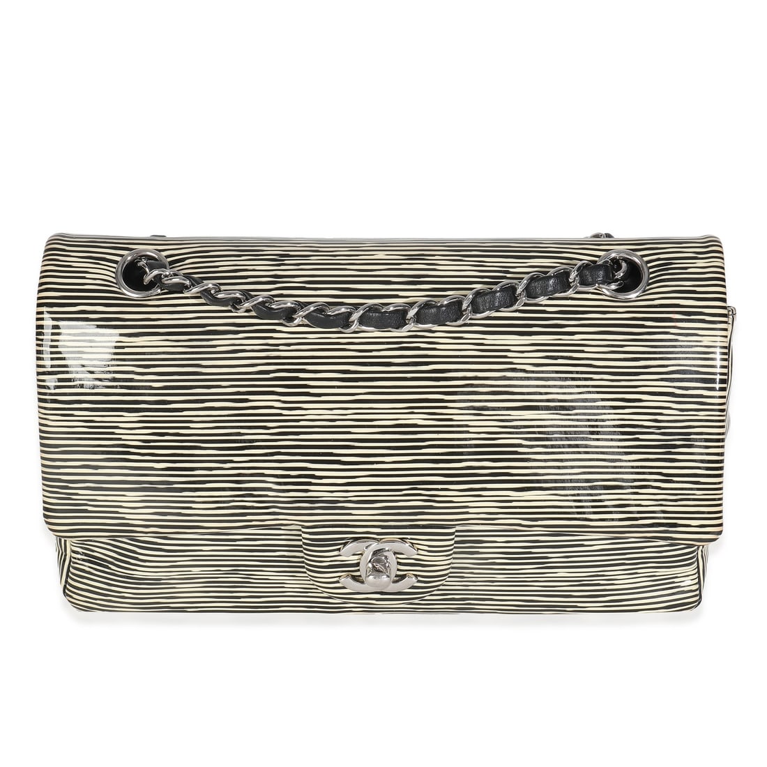 Chanel Medium Classic Double Flap Patent Leather Bag in Black and White Stripes (1 of 8)